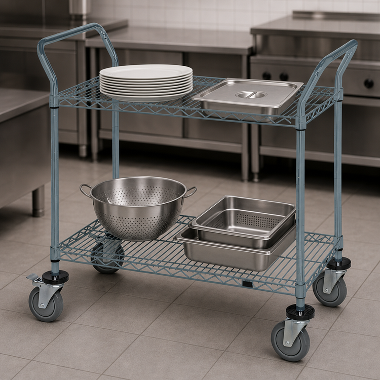 Product image #3 for 30 x 21 x 37.5 Inch 2-Shelf Gray Epoxy Antimicrobial Utility Bus Cart with U-Handles