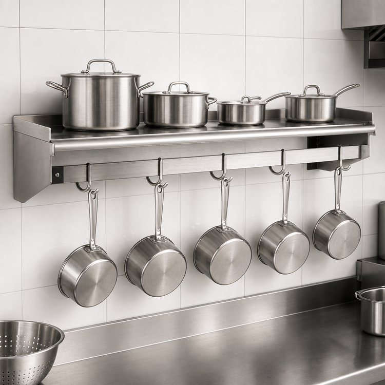 Product image #3 for Eagle Group Wall-Mounted Stainless Steel Pot Rack Shelf, 48"W x 12"D, with 4 Hooks