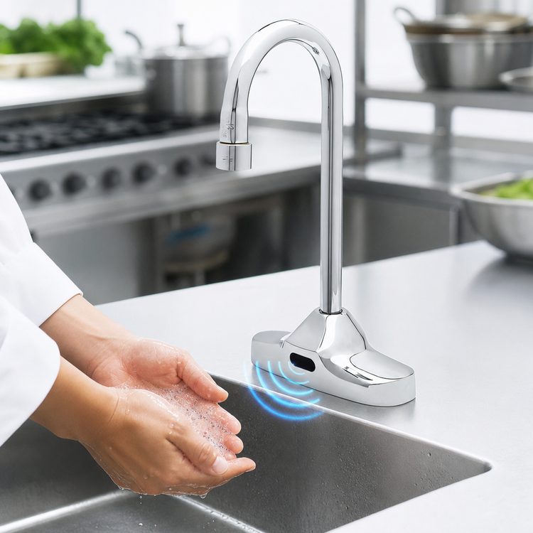 Product image #3 for ChekPoint Electronic Sensor Touchless Deck Mount Faucet with 4-Inch Centers, Rigid Gooseneck Spout and Thermostatic Mixing Valve