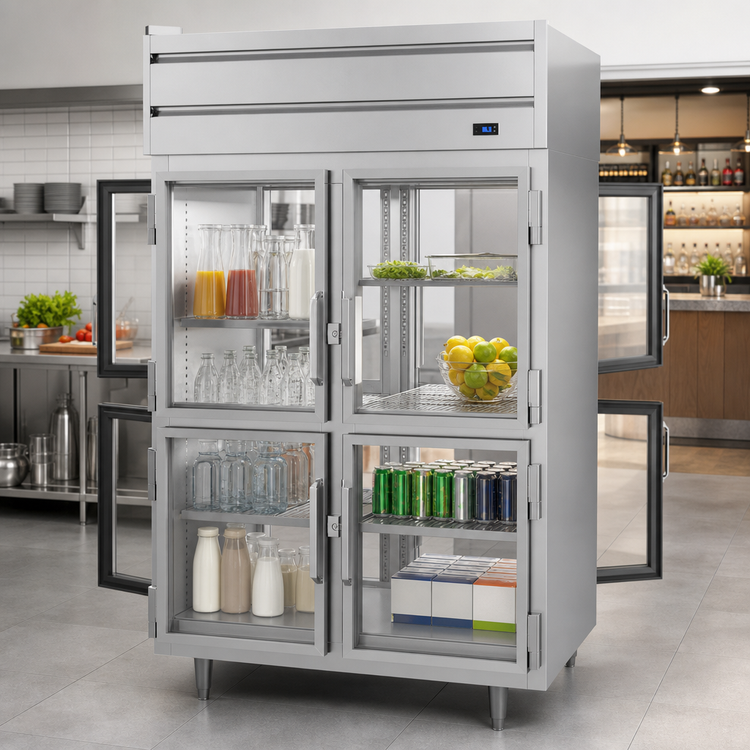 Product image #3 for Beverage-Air P-Series Two-Section Pass-Thru Refrigerator with 8 Glass Half Doors, Standard Depth, Top-Mounted Self-Contained, 48.33 Cu. Ft.