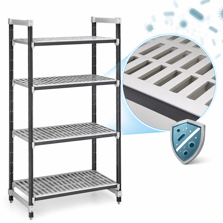 Product image #3 for Cambro Camshelving Elements XTRA 4-Tier Stationary Starter Shelving Unit, 18"D x 60"L x 84"H, Vented, Speckled Gray