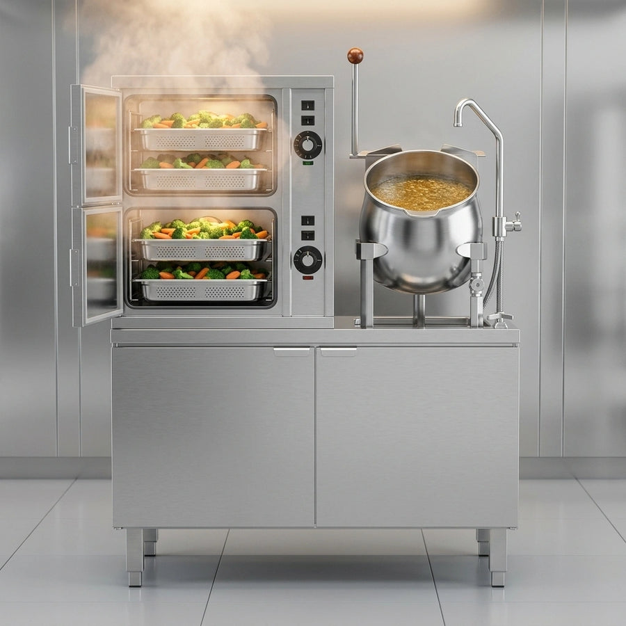 This image highlights the two-compartment convection steamer, demonstrating efficient and consistent steaming with its advanced steam coil technology.