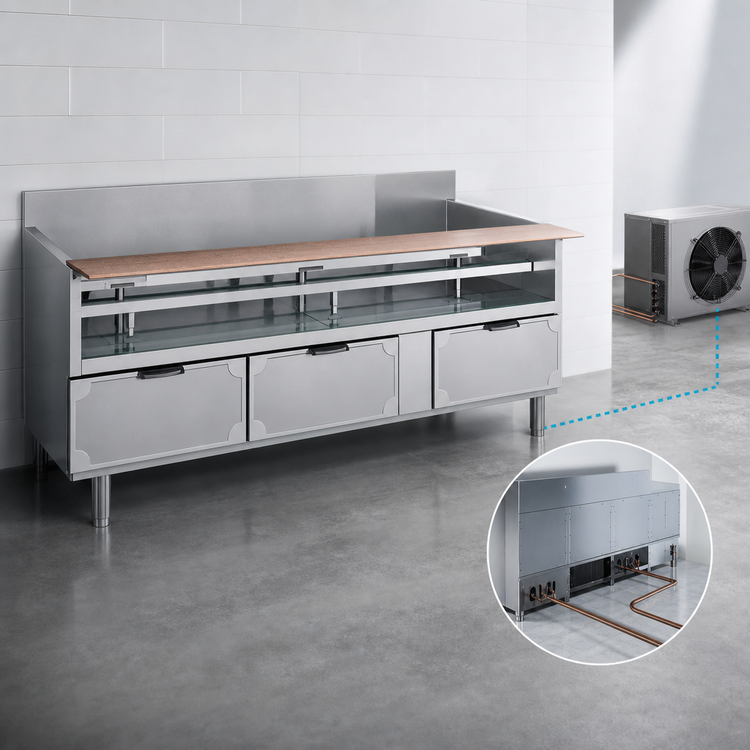 Product image #3 for La Rosa Two-Section Stainless Steel Refrigerated Equipment Stand Base with 4 Drawers, Remote Refrigeration, 54 x 30.5 Inch