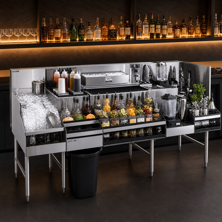 Product image #3 for Glastender ALL-60A 60-Inch All-In-One Underbar Ice Bin/Cocktail Station with Blender Shelf and Double Speed Rail