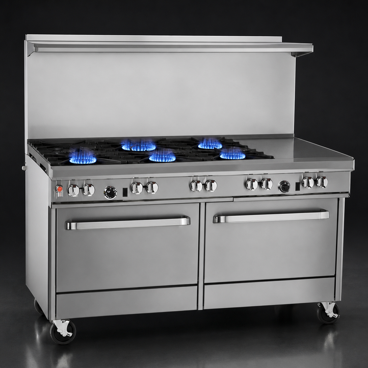 Product image #3 for Ultimate 60-Inch Commercial Gas Restaurant Range with 5 Burners, 24-Inch Griddle, Convection Oven and Cabinet Base