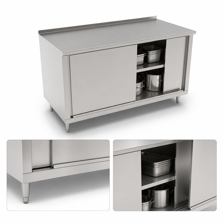 Product image #3 for John Boos 84 Inch x 36 Inch Stainless Steel Enclosed Work Table with Sliding Doors, 16 Gauge Top, and 1-1/2 Inch Rear Up-Turn