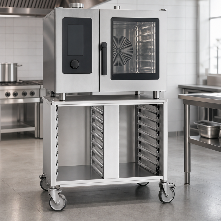 Product image #3 for Convotherm Closed Three-Sided Stainless Steel Oven Stand with Casters and 14 Shelf Rail Pairs for C4 6.10 & 10.10 Combi Ovens