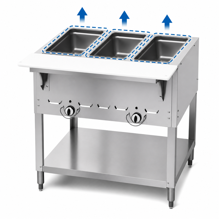 Product image #3 for Aerohot 3-Well Gas Steam Table Hot Food Unit with Open Base and Carving Board