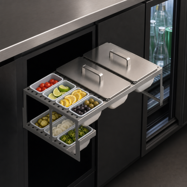 Product image #3 for Glastender Full Condiment Drawer Insert for 16-Inch Door Opening Bar-Profile Cooler, 12-Cup Capacity