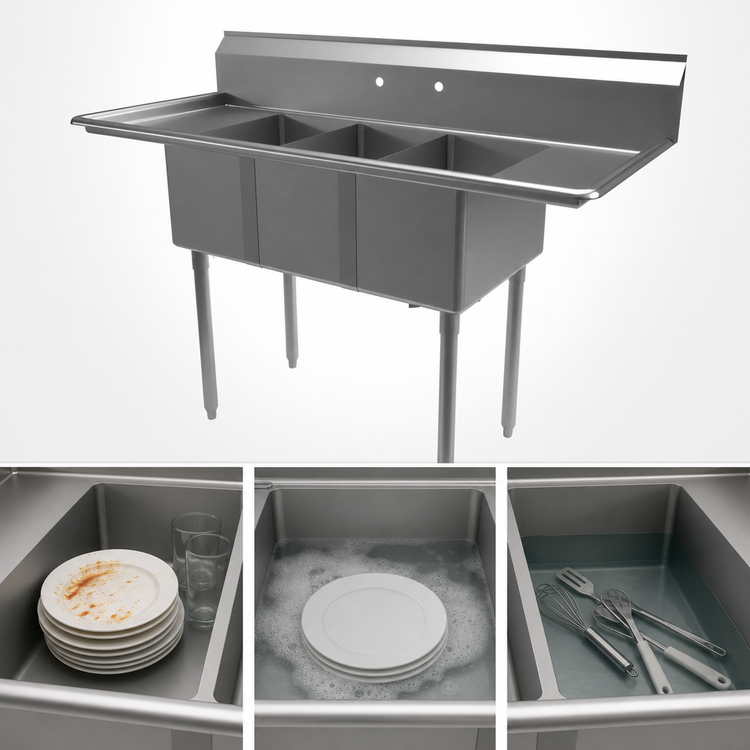 Product image #3 for BK Resources Economy 3-Compartment Stainless Steel Sink with Dual Drainboards, 60 Inch