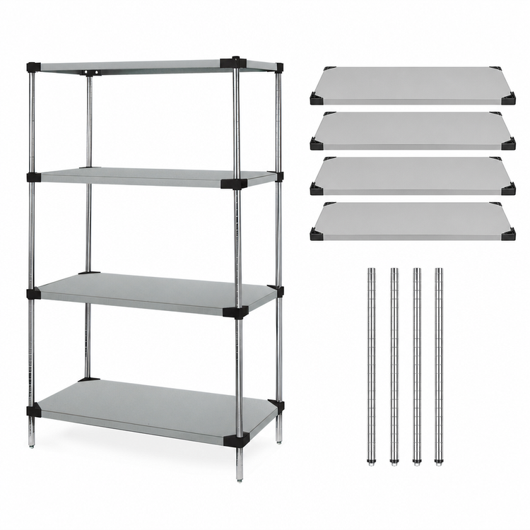 Product image #3 for Quantum Solid Shelving Starter Kit with 4 Shelves and 4 Posts, 42"W x 18"D x 54"H, 304 Stainless Steel