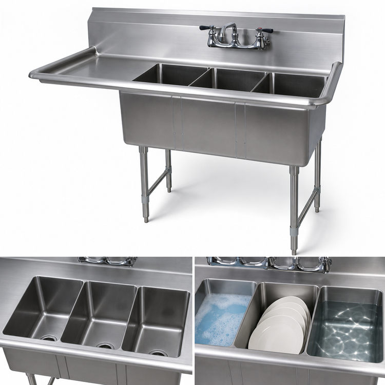 Product image #3 for 3-Compartment Stainless Steel Convenience Store Sink with Left 15-Inch Drainboard
