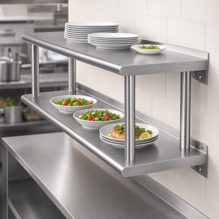 Product image #3 for Advance Tabco Double Tier Stainless Steel Pass-Thru Shelf with Wall Mount Brackets, 84 x 24 Inches