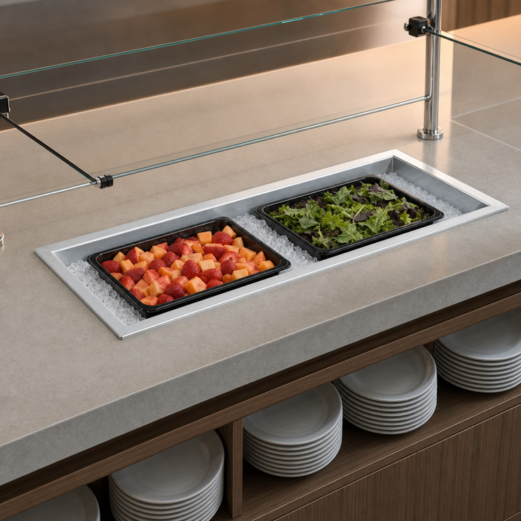 Product image #3 for Delfield Narrow Drop-In Ice Cooled Cold Pan, 46-3/4" W x 18" D, 2 x 12" x 20" Pans