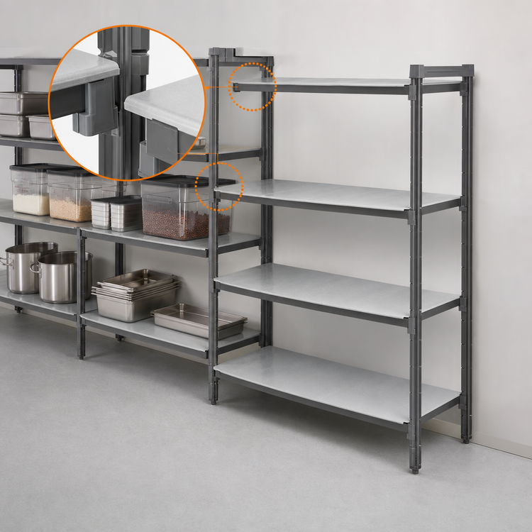 Product image #3 for Cambro Camshelving Basics Plus 4-Shelf Solid Add-On Polymer Shelving Unit, 24"W x 42"L x 72"H, Brushed Graphite