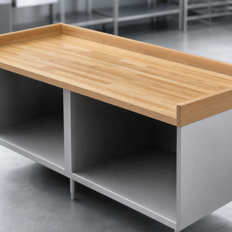 Product image #3 for BK Resources 96-Inch x 36-Inch Hard Maple Chef Table with Open Front Stainless Steel Cabinet Base and 4-Inch Coved Riser