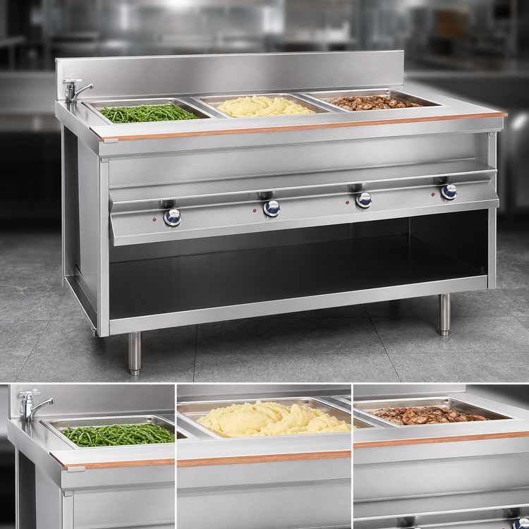 Product image #3 for La Rosa Electric Modular Hot Food Table with 3 12 x 20 Inch Wet/Dry Wells, Open Cabinet Base, 48 x 28 Inches