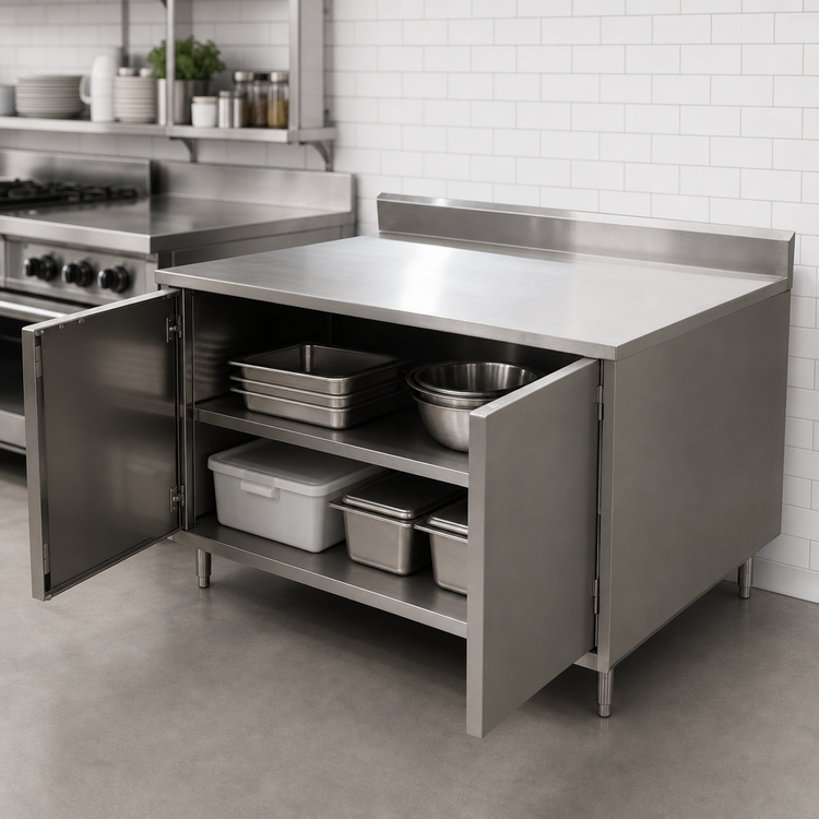Product image #3 for BK Resources Enclosed Stainless Steel Work Table with Cabinet Base and Hinged Doors, 48 x 30 Inches