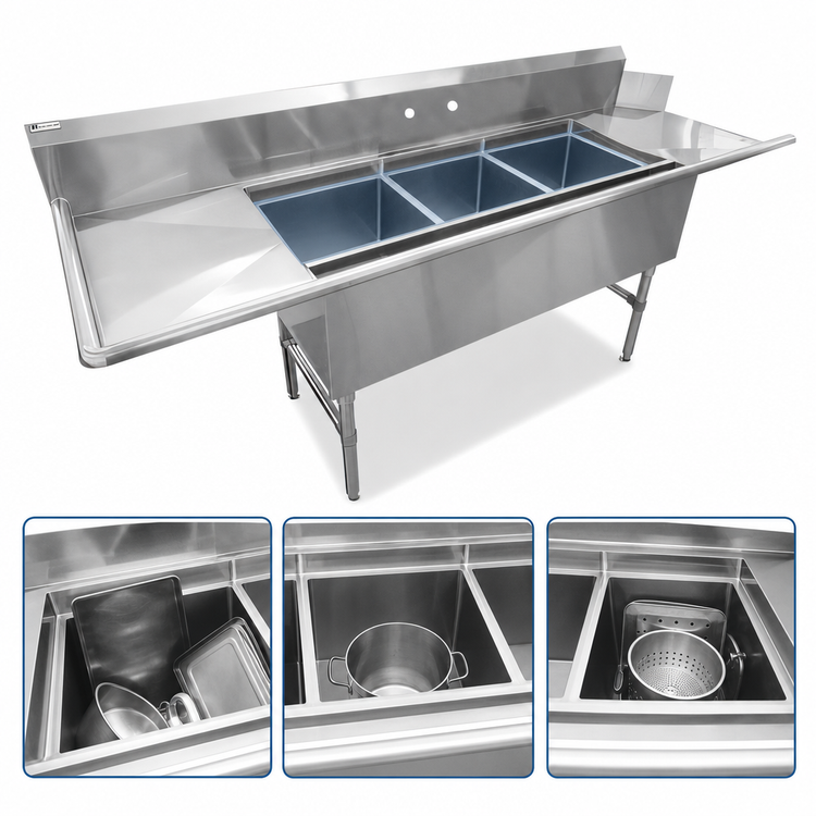 Product image #3 for John Boos DT3PB244-2D24L Three-Compartment Clean Dishtable/Pot Sink with 2 Drainboards and Right-Side Dish Machine Attachment