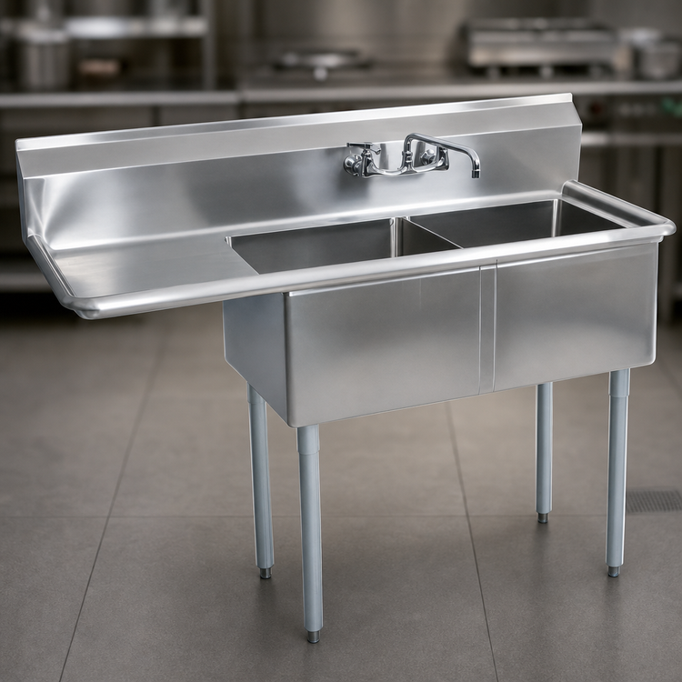 Product image #3 for BK Resources Two-Compartment Stainless Steel Sink with Left Drainboard, 52-1/2 x 25-13/16 Inches
