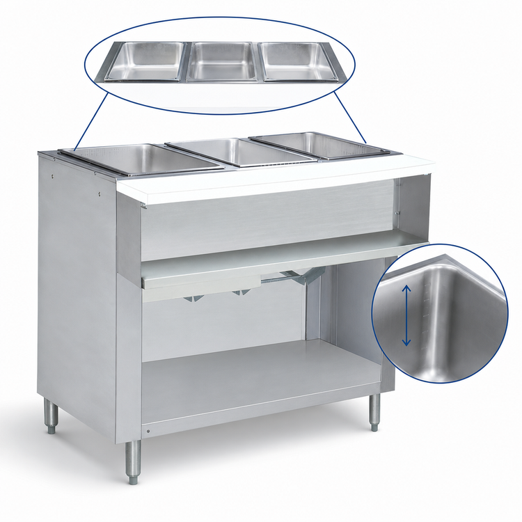 Product image #3 for Advance Tabco Triumph Supreme 47-1/8 Inch Natural Gas Wet Bath Hot Food Table with 3 Wells, Cutting Board, and Open Undershelf