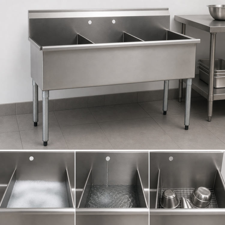 Product image #3 for Eagle Group Three-Compartment Utility Sink, 37-3/8 Inch W x 22 Inch D, 16-Gauge 430 Stainless Steel, No Drainboards