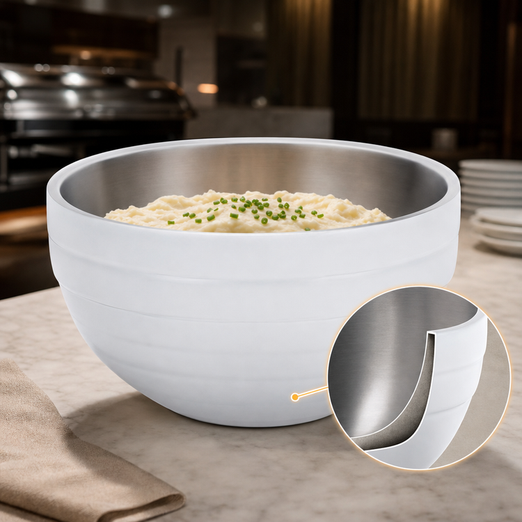 Product image #4 for Vollrath Round Double Wall Insulated Serving Bowl, 3.4 Quart, Pearl White Exterior with Satin Stainless Steel Interior