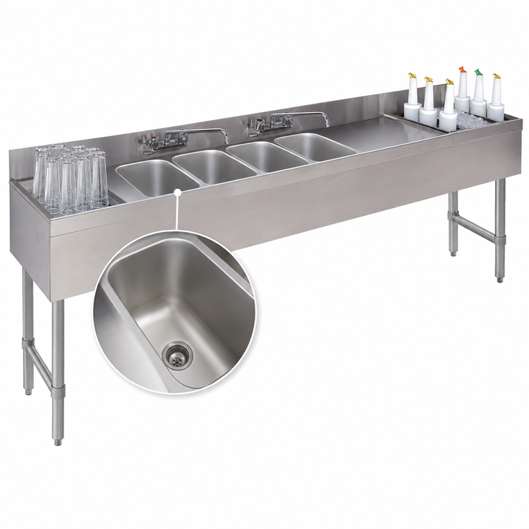 Product image #3 for Advance Tabco Underbar Basics 3-Compartment Bar Sink and Ice Bin Combo with Right-Side Ice Bin, 84-Inch Wide