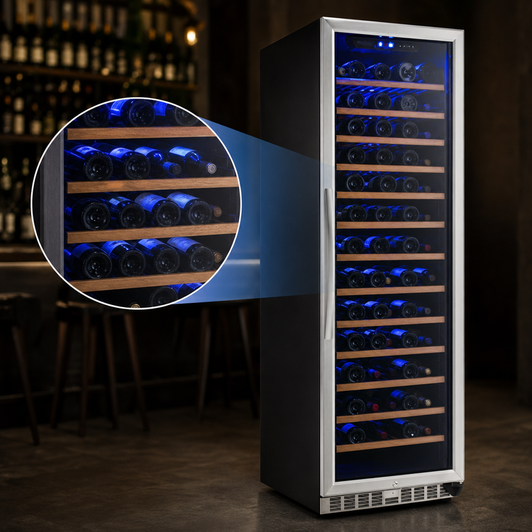 Product image #4 for Eurodib Urban Style One-Section Reach-In Single Zone Wine Cabinet, 168-Bottle Capacity, Stainless Steel Framed Glass Door