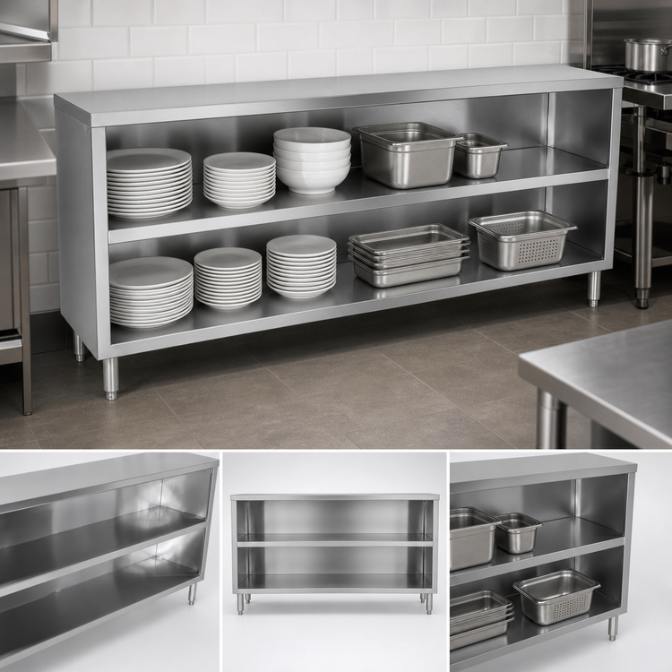 Product image #3 for John Boos Open Front Stainless Steel Dish Cabinet with Mid-Shelf, 108 Inch W x 15 Inch D x 35 Inch H