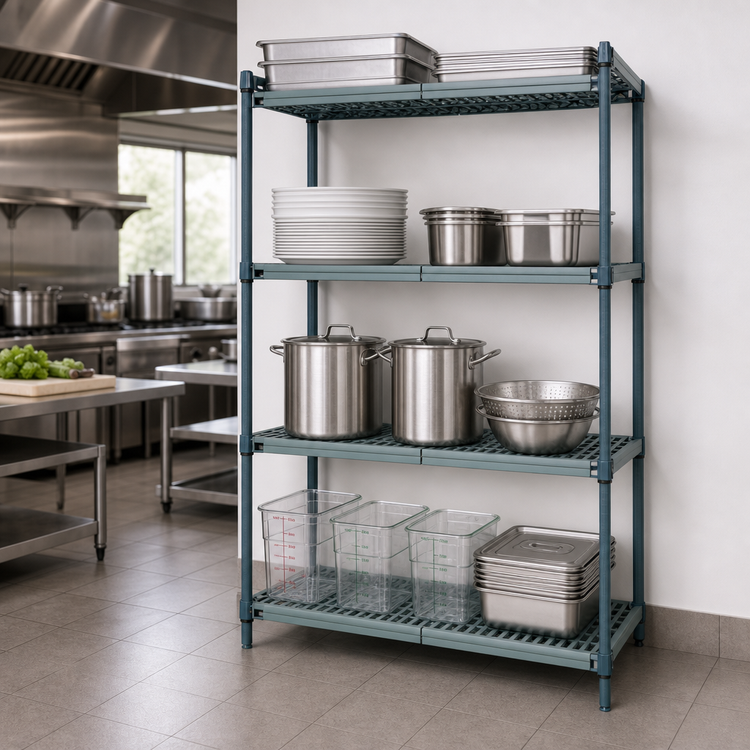 Product image #3 for Quantum 4-Tier Stationary Wire Plastic Mat Shelving Unit, 30 x 24 x 86 Inches, Green Epoxy Antimicrobial