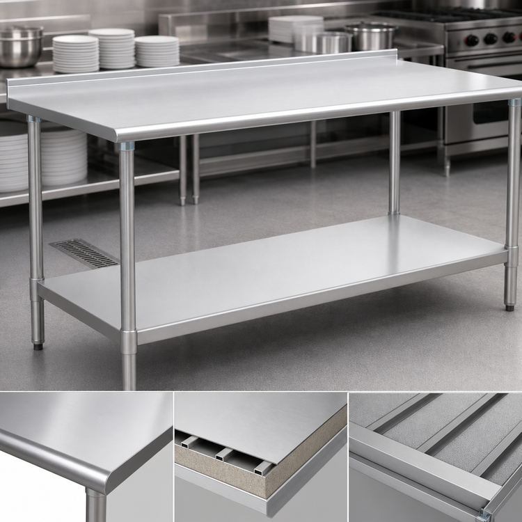 Product image #3 for Deluxe Series 16 Gauge 300 Series Stainless Steel Work Table with Rear Upturn and Adjustable Undershelf, 84 in. x 36 in.