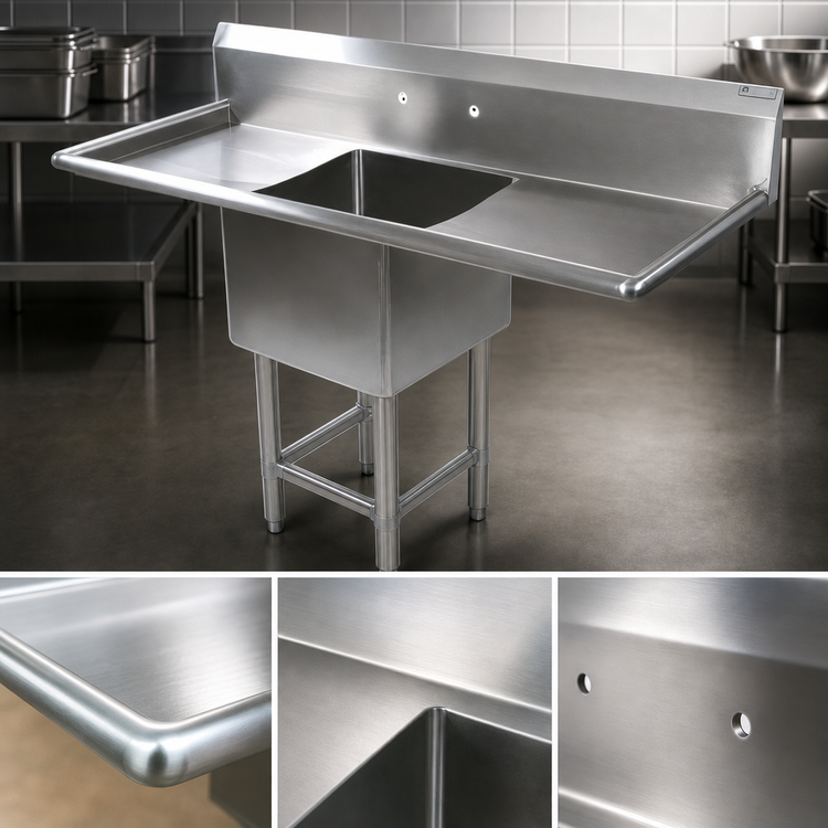 Product image #3 for John Boos Pro-Bowl 1-Compartment Sink with Left and Right Drainboards, 18 x 24 x 14-Inch Bowl, 16-Gauge Stainless Steel Floor Model