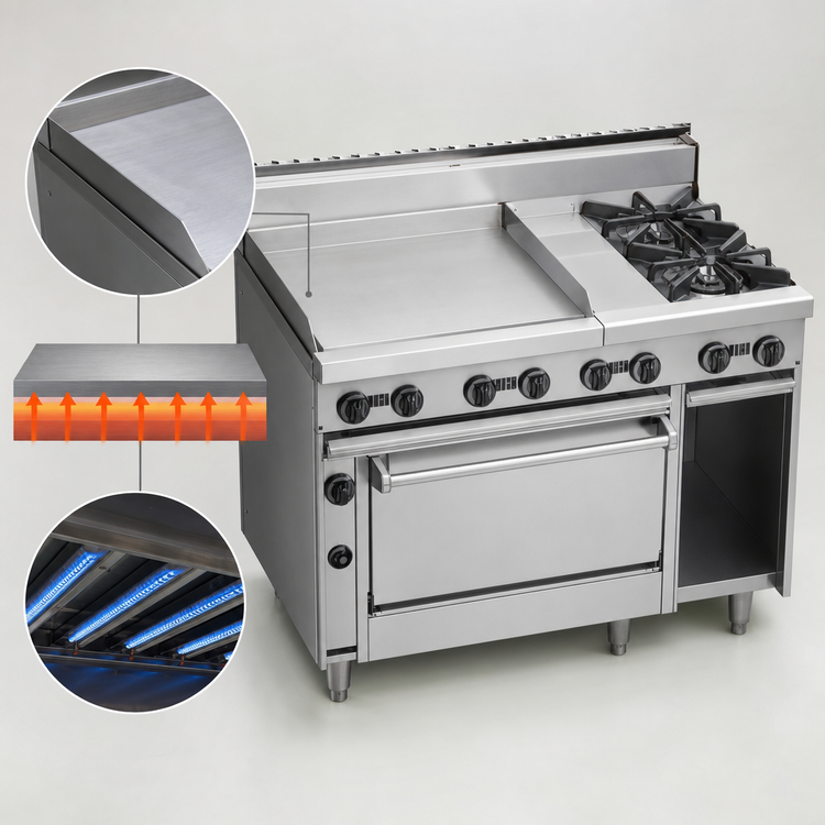 Product image #3 for Jade Bistro 48-Inch Shallow Depth Gas Restaurant Range with Left 36-Inch Griddle, Right 2 Open Burners, and Cabinet Base