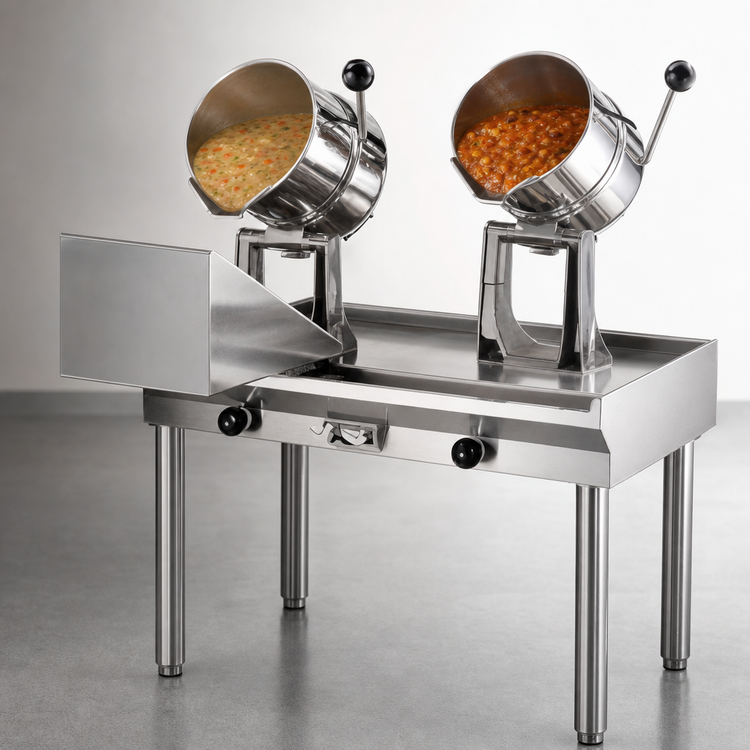 Product image #3 for Groen MS4371 Direct Steam Kettle Cabinet Assembly with Two 20-Quart Hand-Tilt Kettles on 40-Inch Stainless Steel Table Base