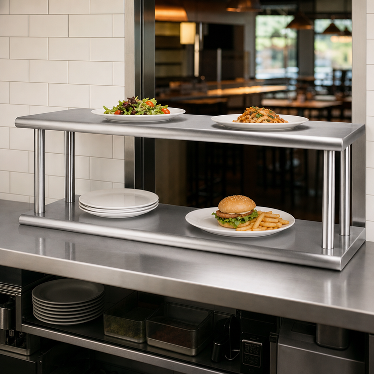 Product image #3 for BK Resources Double-Tier Pass-Through Shelf, 120 x 18 Inches, T-304 Stainless Steel