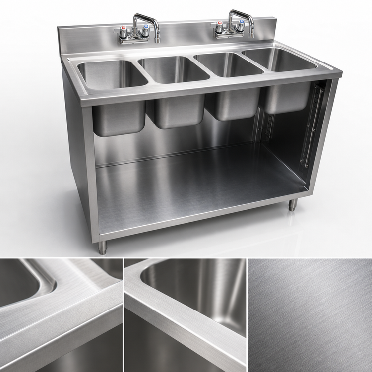 Product image #3 for BK Resources 48-Inch Four-Compartment Stainless Steel Sink Cabinet, Open Front, with 2 Gooseneck Faucets and 4 Drains