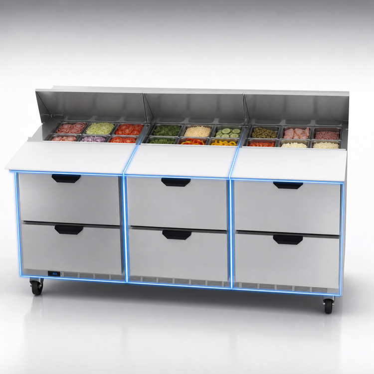 Product image #4 for Beverage-Air 72-Inch Three-Section Sandwich Prep Table with 6 Drawers and 18-Pan Top