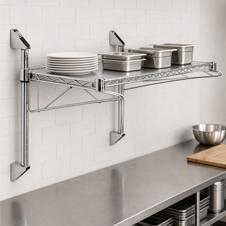 Product image #3 for Quantum Wall-Mount Cantilever Single Shelf Wire Shelving Kit, 54 x 14 Inches, Chrome Plated