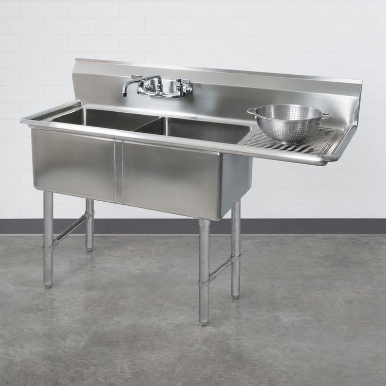 Product image #3 for BK Resources Two-Compartment Stainless Steel Sink with Right-Hand Drainboard, 18" x 18" x 12" Bowls