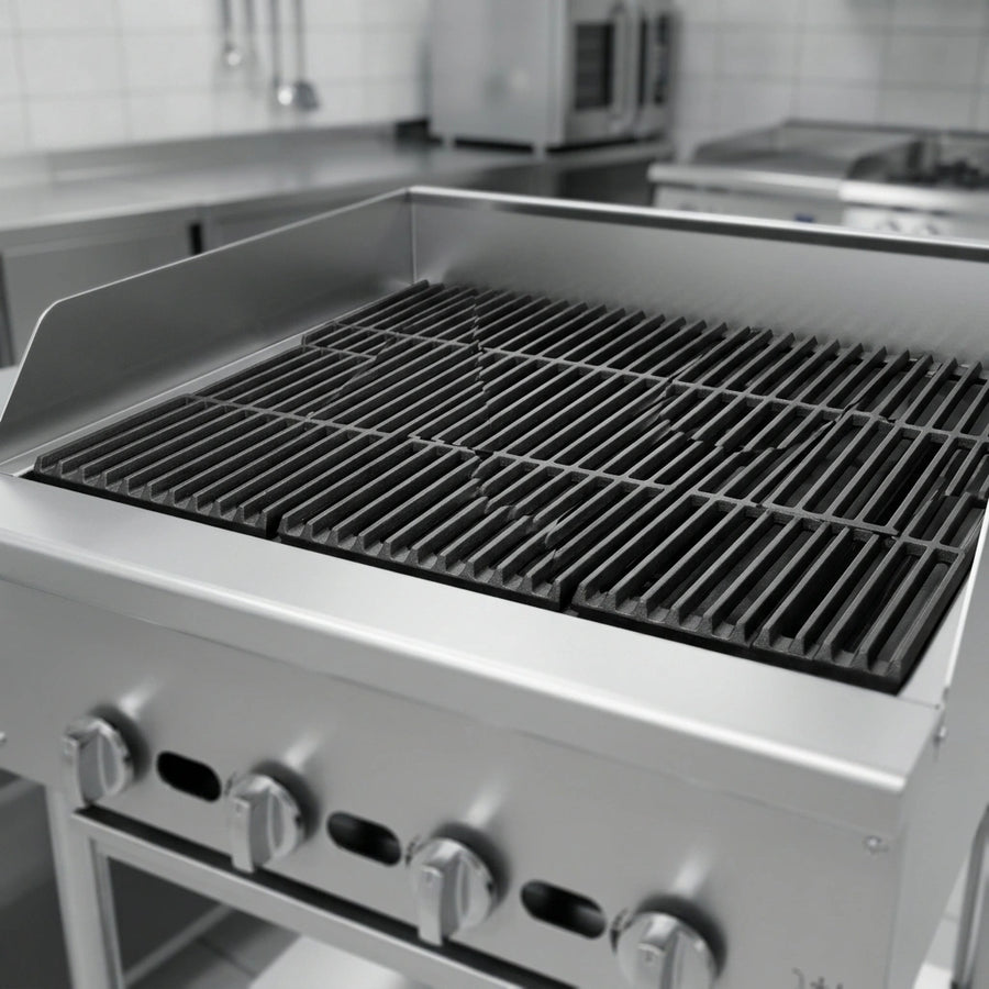 Observe the robust, four-bar cast iron grates with built-in grease guides, engineered for cleaner and safer charbroiling.