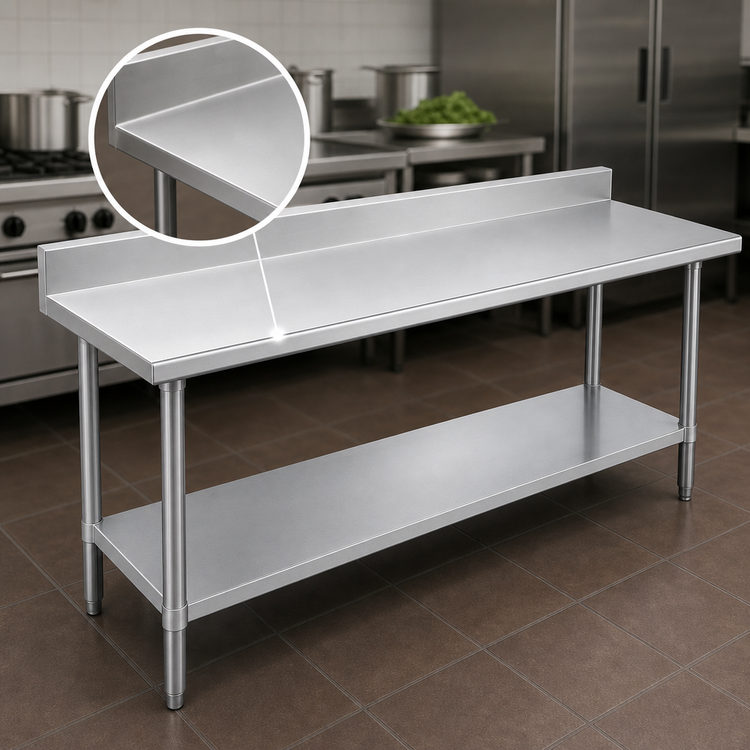Product image #3 for Duke 144-Inch x 30-Inch 14-Gauge 300-Series Stainless Steel Work Table with 5-Inch Riser and Galvanized Undershelf