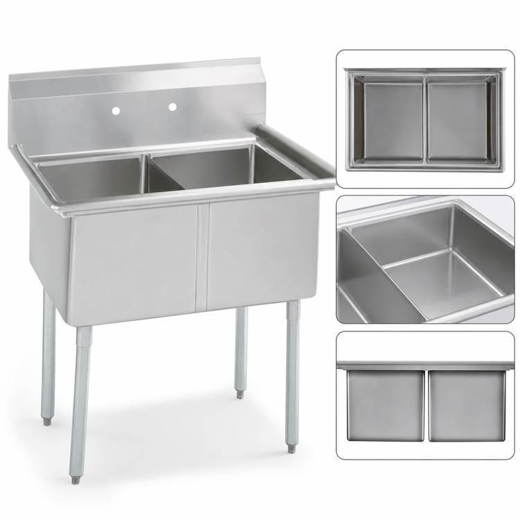 Product image #3 for BK Resources 2-Compartment Stainless Steel Sink, No Drainboards, 24 x 24 x 14-Inch Bowls