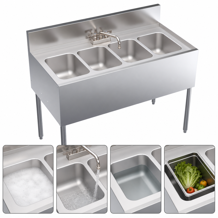 Product image #3 for Krowne Royal Series Four-Compartment Underbar Sink Unit with Deck-Mount Faucet, 10-Inch-Deep Bowls, 48W x 24D