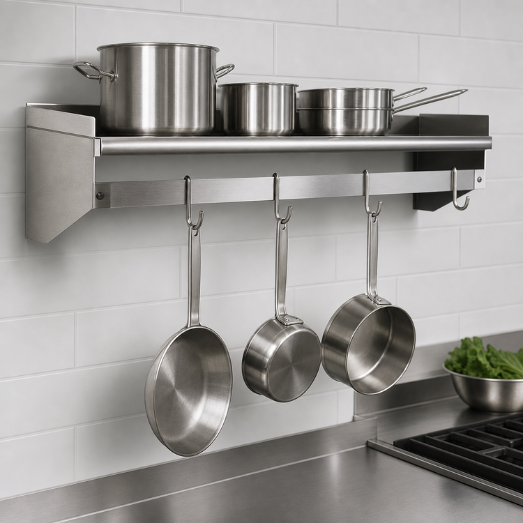 Product image #3 for Eagle Group 36-Inch x 10-Inch Wall Mounted Stainless Steel Wall Shelf with Pot Rack and 3 Hooks