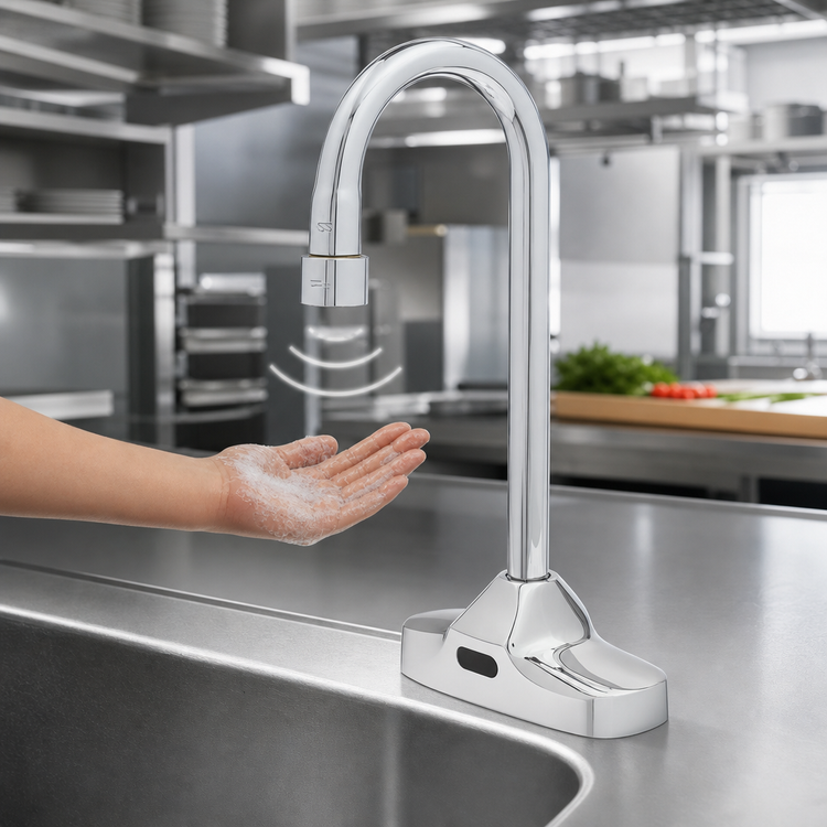 Product image #3 for ChekPoint Low-Lead Electronic Touchless Deck-Mount Faucet with 4-Inch Centers and 4-1/8-Inch Gooseneck Spout