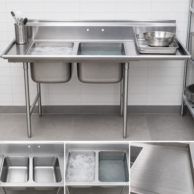 Product image #3 for Eagle Group 412 Series Two-Compartment Stainless Steel Sink with Right-Hand Drainboard, 56-5/8" W x 27-1/2" D