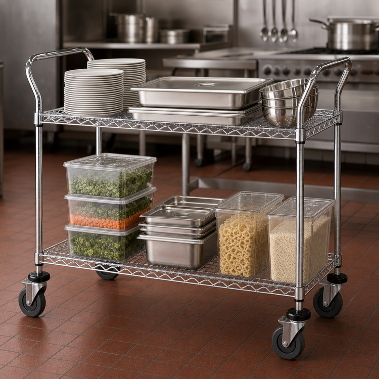 Product image #3 for Quantum 2-Shelf Gray Epoxy Antimicrobial Wire Utility Cart, 48 x 24 x 37-1/2 Inches