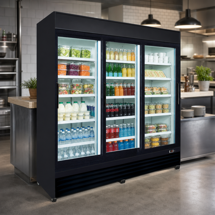 Product image #3 for Serv-Ware 3-Door 72 Cu. Ft. Black Glass Door Merchandiser Refrigerator