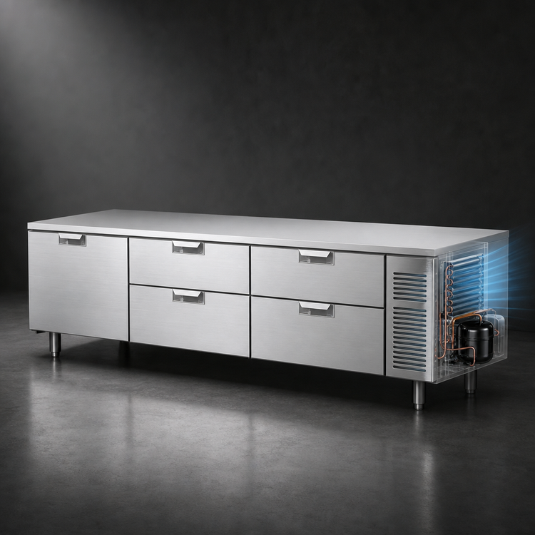 Product image #3 for La Rosa Self-Contained Reach-In Four-Section Freezer Base Equipment Stand with 1 Door and 6 Drawers, 104 Inch Stainless Steel